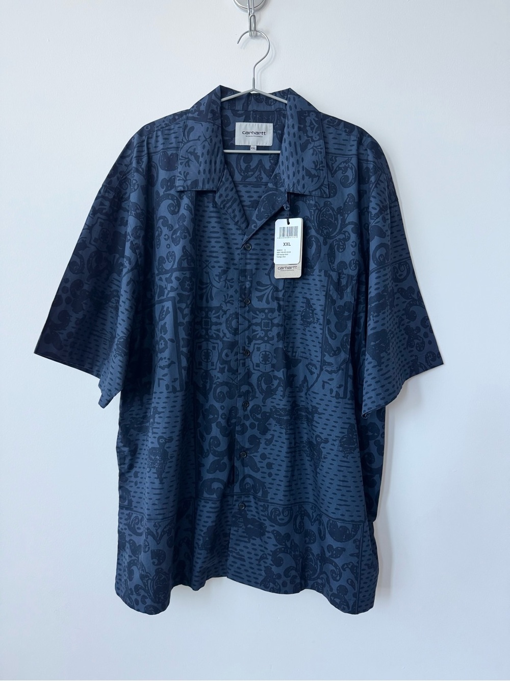 Carhartt Work In Progress Navy Blue Bandana Print Camp Collar Shirt Sleeve Shirt - Picture 1 of 8